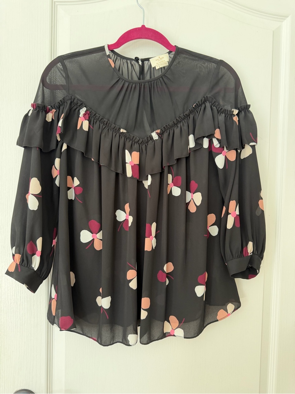 kate spade Black Floral Ruffle Blouse with Pink & Cream Accents